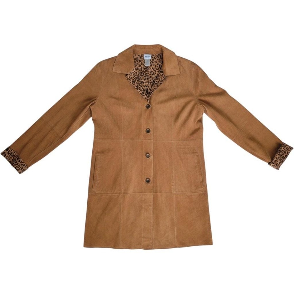 Chicos Tan Suede Leather Jacket Leopard Print Trim Long Coat Brown Womens Size 3